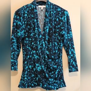 Chaus Teal and Black 3/4 Sleeve Blouse Large